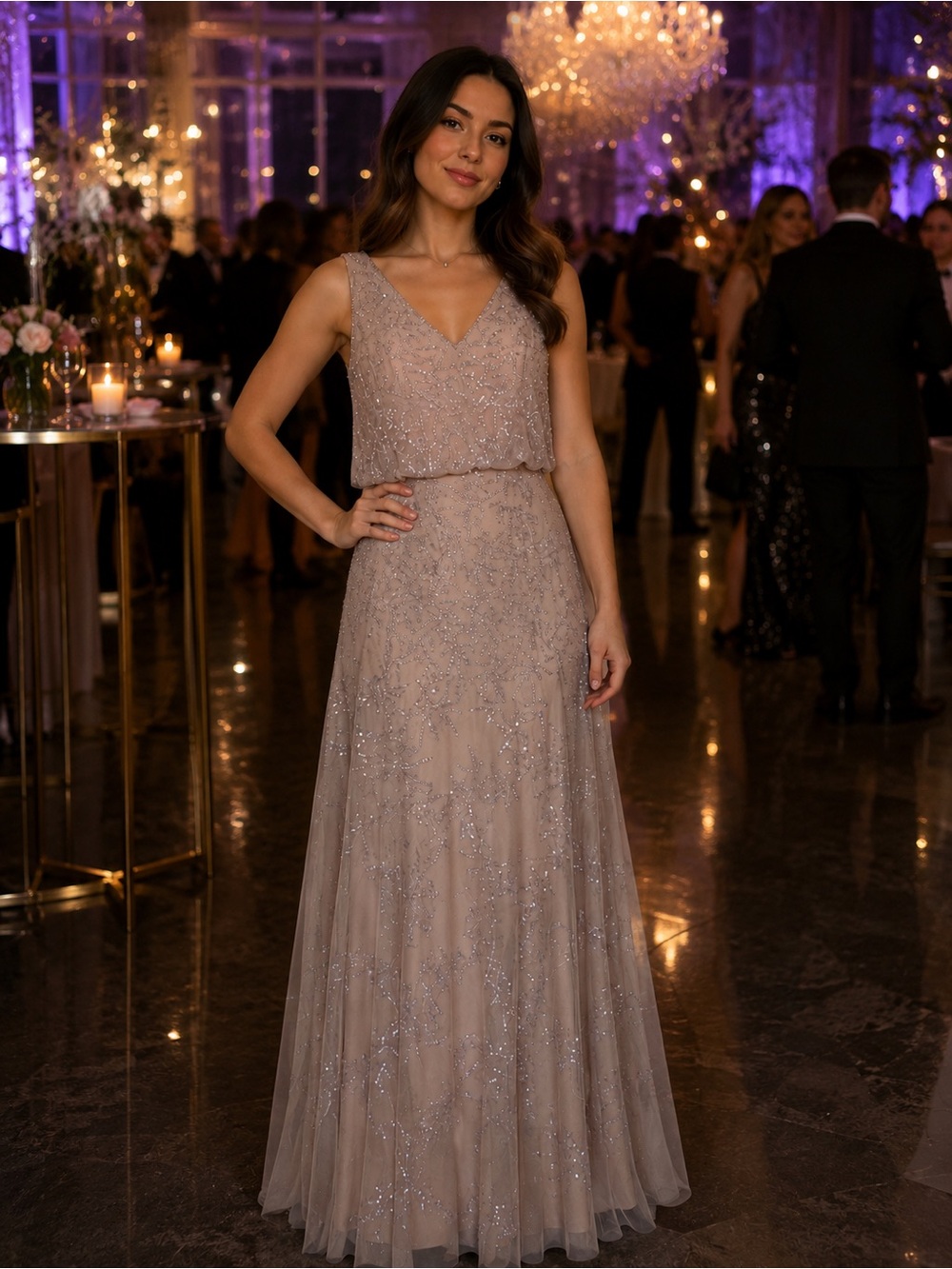 NWT Beaded V-Neck Taupe Evening Gown
